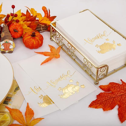 BUCLA 100-Count 3-Ply Thanksgiving Napkins - White and Gold Napkins Disposable & Pumpkin Paper Napkins Premium Quality - Gold Paper Napkins Dinner Size Soft, Absorbent for Thanksgiving Party