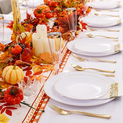 Liacere 175PCS White and Gold Plastic Plates - Gold Plate Include 50Plastic Plates, 25Forks, 25Spoons, 25Knives, 25Napkins, 25Champagne Flutes Plastic for Party & Wedding & Christmas & New Year