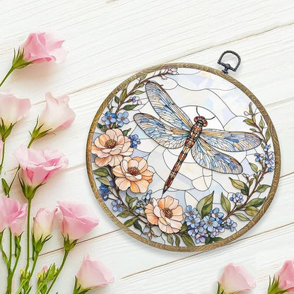 Cute Flower Dragonfly Gifts for Women Men, Garden Dragonfly Decor Framed Round Wall Decor Canvas Wall Art Hanging Prints Artwork for Home Farmhouse Bedroom Bathroom Door Decorations 10.2X10.2 Inch
