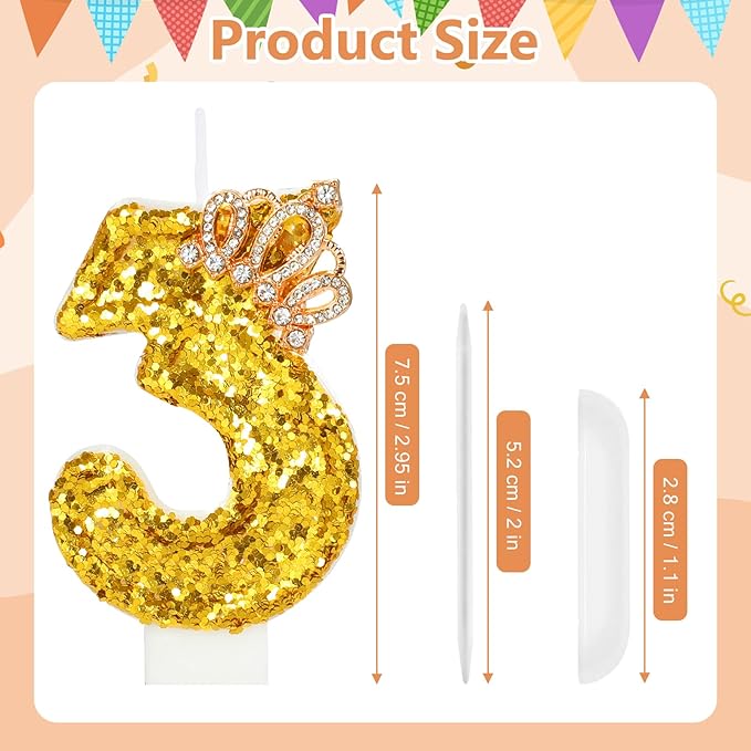 Gold Birthday Candle Crown Number 3 Candle with Sequins Cake Candles Cupcake Decorations Party Decor for Anniversary Celebrations Supplies