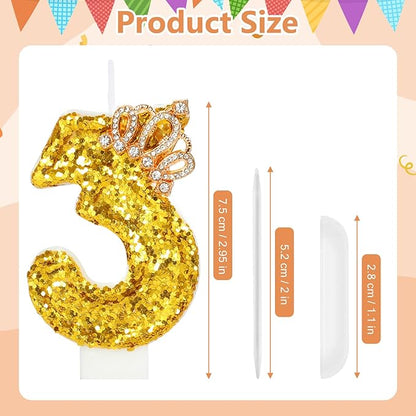 Gold Birthday Candle Crown Number 3 Candle with Sequins Cake Candles Cupcake Decorations Party Decor for Anniversary Celebrations Supplies