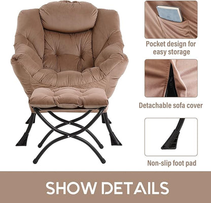 LITA Lazy Chair with Ottoman, Modern Accent Leisure Upholstered Sofa Chair, Contemporary Lounge Reading Chairs with Armrests and a Side Pocket for Living Room, Bedroom & Small Space, Dark Brown