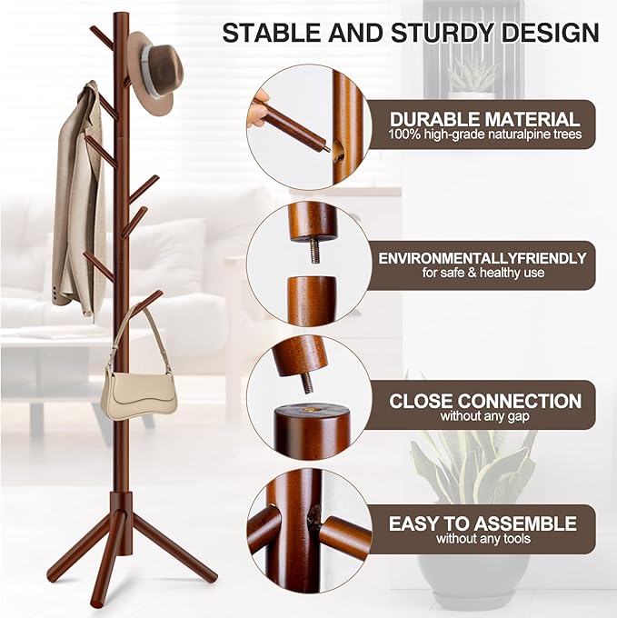 2 PCS Coat Rack, Freestanding Coat Rack with 8 Hooks and 3 Adjustable Size Tree Coat Racks for Bedroom, Hallway, Entrance, Office, for Hats, Coats, Scarves, Handbags