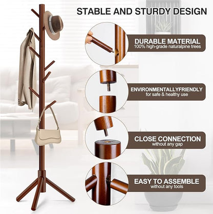 2 PCS Coat Rack, Freestanding Coat Rack with 8 Hooks and 3 Adjustable Size Tree Coat Racks for Bedroom, Hallway, Entrance, Office, for Hats, Coats, Scarves, Handbags