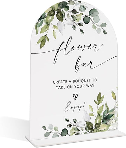 Wedding Signs for Reception, Green Leaves Flower Bar Sign, Wedding Reception Signage, Bridal Shower Table Decorations with Base, Flower Bar Supplies for Proposal, Bridal Shower Events and Ceremony, 03
