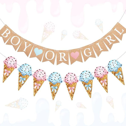2 Pcs Gender Reveal Party Decorations Pre-strung Boy or Girl Burlap Baby Shower Banner and Ice Cream Cone Banner for Gender Reveal Birthday Baby Shower Party Decorations