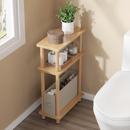 Apicizon Small Narrow Side Table, 3-Tier Skinny End Table for Small Spaces, Slim Nightstand with Fabric Basket, Bedside Table for Living Room, Bedroom, Natural