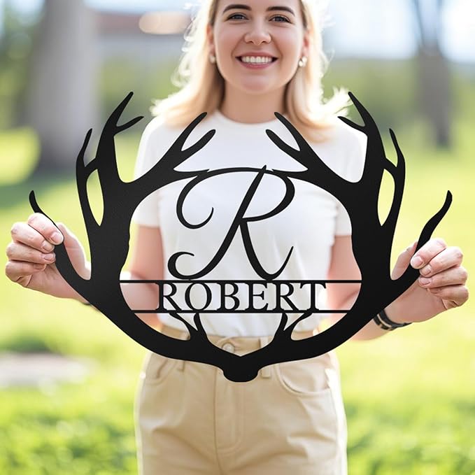 Custom Metal Sign Deer Antler - Personalized Last Name Sign, Deer Family Name Sign, Monogram Letter Sign, Rustic Wall Art Couple Gift for Wedding, Anniversary, Housewarming Birthday Home Décor