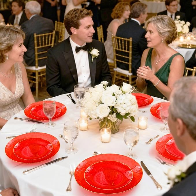 64 Pcs Red Plasitc Plates, 32 Guests Clear Red Disposable Plates with Gold Rim, Hammered Plastic plates Include 32 Dinner Platos and 32 Dessert Platos for Party Wedding Birthday Christmas