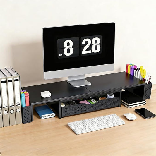 Spacrea Metal Desk Organizers and Accessories, Dual Monitor Stand Riser with Drawer and 2 Pen Holders, Desk Accessories & Workspace Desktop Organizers for Office Supplies (Black)