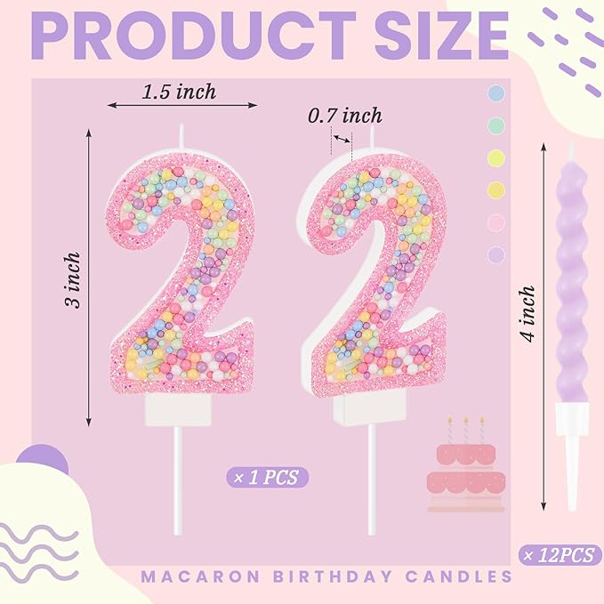 MTLEE Birthday Candle Macaron Glitter 3D Number Candle with 12 Pcs Rainbow Spiral Candles in Holders for Girl Boy Cake Topper Wedding Anniversary Pastel Sweet Theme Party Decoration(Pink,Number 2)