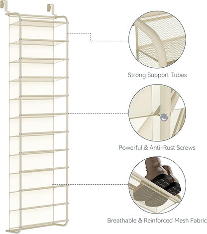 Whitmor 36 Pair Over The Door Shoe Organizer, 12 Tier Hanging Shoe Organizer, Heavy Duty Metal & Mesh Shoe Holder, Hanging Shoe Rack for Closet Organizer & Storage, 69"L x 21.7"W x 7.5"H, Beige