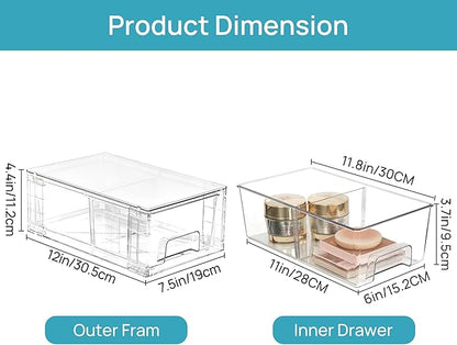 Vtopmart 4 Pack Stackable Storage Drawers,Clear Acrylic Drawer Organizers with Handles, Easily Assemble for Fridge, Bathroom,Kitchen Undersink,Cabinet,Pantry Organization and Storage
