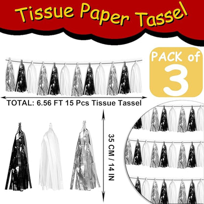 3P Black Silver white Tassel Banner Garland Metallic Foil Fringe Banner Tinsel Tassels Streamer Banner Backdrop for Parade Floats, Graduation Decorations, Halloween, Christmas Decorations
