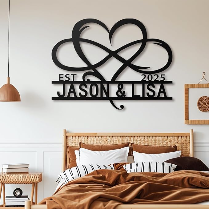 Custom Metal Infinity Heart Name Sign - Custom Sign Monogram with EST Date - Romantic Wedding, Anniversary, Engagement, Newlywed Gift - Rustic Metal Wall Art Decor, Bedroom, Home Decor