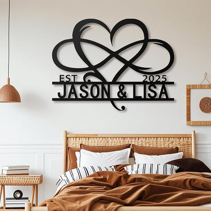 Custom Metal Infinity Heart Name Sign - Custom Sign Monogram with EST Date - Romantic Wedding, Anniversary, Engagement, Newlywed Gift - Rustic Metal Wall Art Decor, Bedroom, Home Decor