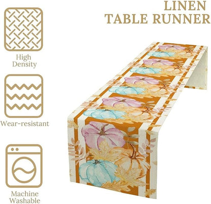 Watercolor Pumpkin Table Runner Rustic Farmhouse Autumn Plants Colorful Leaves Pastoral Harvest Theme Home Decor for Farmhouse Indoor Outdoor Party Holiday Dining Kitchen Restaurant Cafe W13xL90in