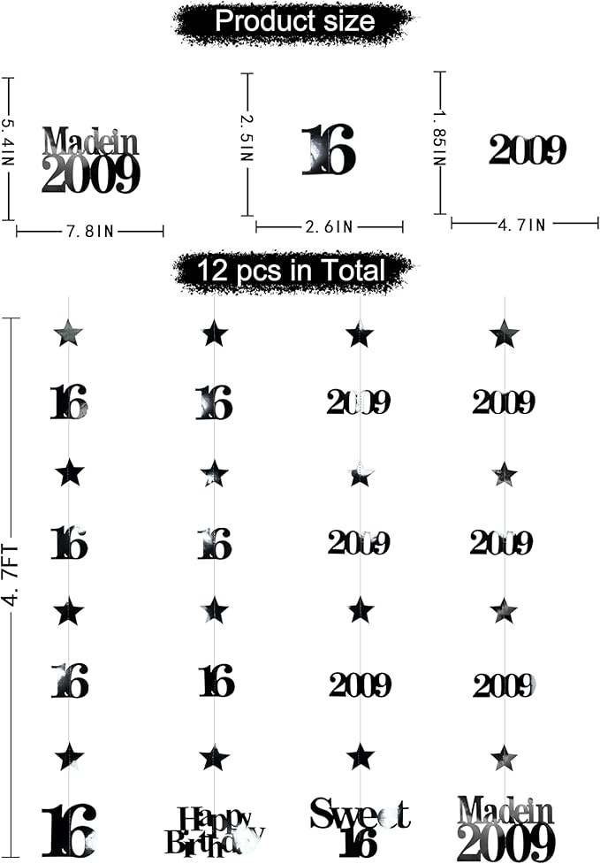 12PCS Black 16th Birthday Decorations Number 16 and 2009 Star Garland Hanging Streamer Banner Backdrop for Girls Boys Cheers to 16 Years Old Birthday Made in 2009 Sweet Sixteen Party Decor Supplies