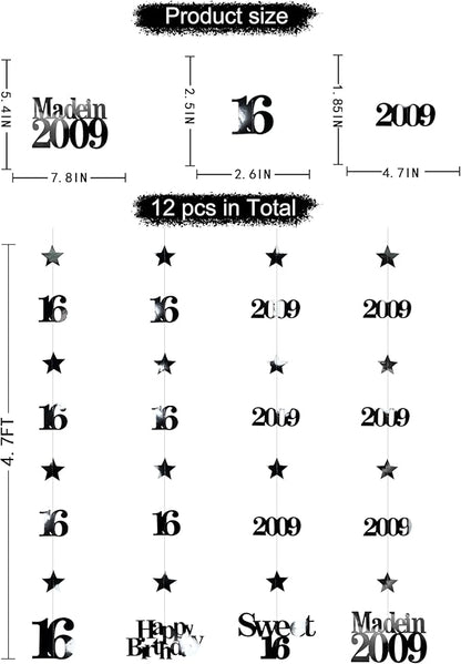 12PCS Black 16th Birthday Decorations Number 16 and 2009 Star Garland Hanging Streamer Banner Backdrop for Girls Boys Cheers to 16 Years Old Birthday Made in 2009 Sweet Sixteen Party Decor Supplies