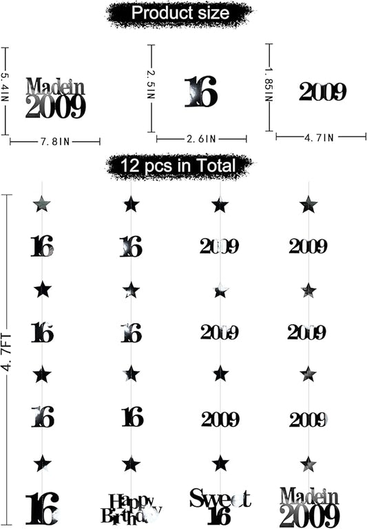 12PCS Black 16th Birthday Decorations Number 16 and 2009 Star Garland Hanging Streamer Banner Backdrop for Girls Boys Cheers to 16 Years Old Birthday Made in 2009 Sweet Sixteen Party Decor Supplies