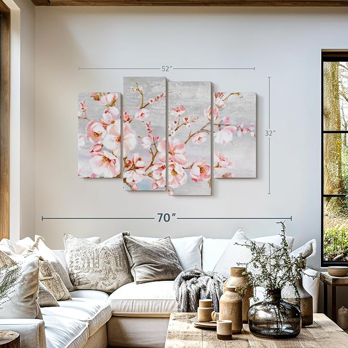 Elephant Stock Spring Cherry Blossoms Wall Art - Horizontal Canvas - 4-Piece Living Room Wall Decor - Painting Floral and Botanical Canvas Print - Pink and Brown Decor for Wall by Eva Watts - 52" X 32"