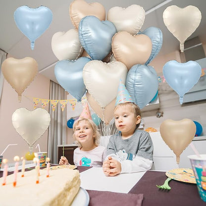 Blue Cream Heart Foil Balloons, 12Pcs Baby Blue Beige Nude Heart Shape Mylar Balloon, 18Inch Macaron Apricot and White Helium Balloons for Boho Birthdays Baby Shower Wedding Valentines Party Decor