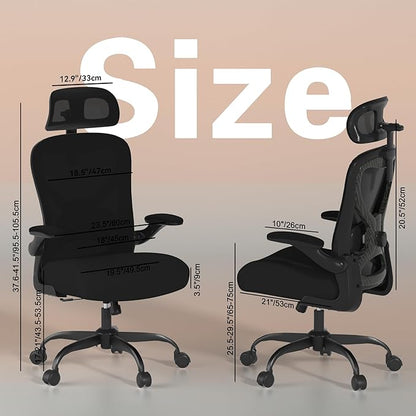 Office Chair for Back & Neck Pain Relief, Virgin Foam Seat, 2D Adjustable Lumbar & 3D Headrest, Flip-Up Armrests, Tilt & Rock for Relaxation, Black/Carbon Fiber