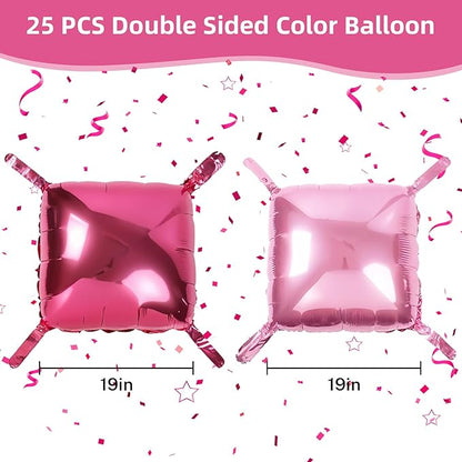 Hot Pink Square Foil Balloon Wall, 25 PCS Double Sided Balloons Flat Hot Magenta Pink Square Balloon Backdrop for Girls Women Bachelorette Anniversary Birthday Party Decoration
