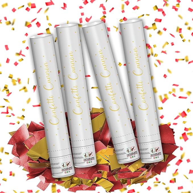 16" Red & Gold Confetti Cannons - Party Poppers for Wedding Birthday Graduation New Year Celebrations - Easy-to-Use - Pack of 4