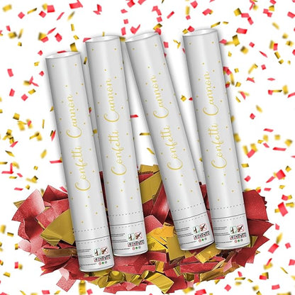 16" Red & Gold Confetti Cannons - Party Poppers for Wedding Birthday Graduation New Year Celebrations - Easy-to-Use - Pack of 4
