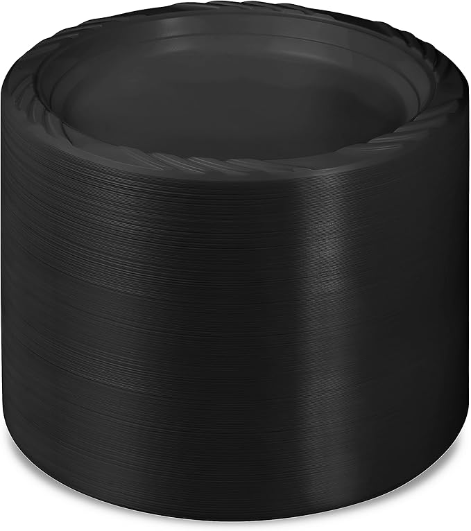 Munfix 100 Pack Black Plastic Dinner Plates, 9 Inch Disposable Plates Bulk Pack, Party Plates for BBQ, Picnic, Parties, Travel and Events, Microwavable Recyclable