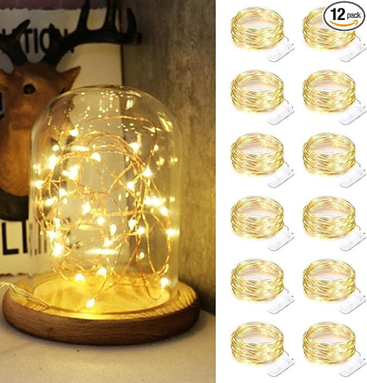 12 Pack Fairy Lights Battery Operated String Lights，7FT 20LED Waterproof Silver Wire Christmas Lights Outdoor,Firefly Mini Lights for Bedroom Party Birthday Wedding Indoor Decorations Home Decor
