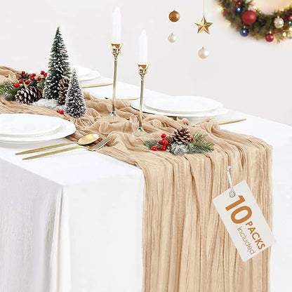10 Pack Champagne Cheesecloth Table Runner 35x120 Inches, Boho Gold Cheese Cloth Table Runner 10FT Boho Sheer Gauze Runner for Bridal Shower Wedding Baby Shower Party Decor