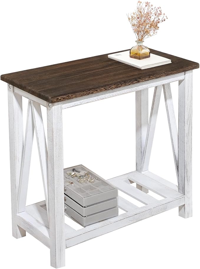 Farmhouse End Table Narrow Side Table Living Room Slim End Tables with Storage Shelf 2 Tier Nightstand for Bedroom Hallway Dormitory, Rustic Brown and White