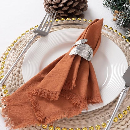 12 Pack Terracotta Cotton Linen Napkins with Fringe Christmas Cloth Napkins Set of 12 Boho Handmade Holiday Napkins Bulk for Wedding Baby Shower Parties, 17 x 17 Inches