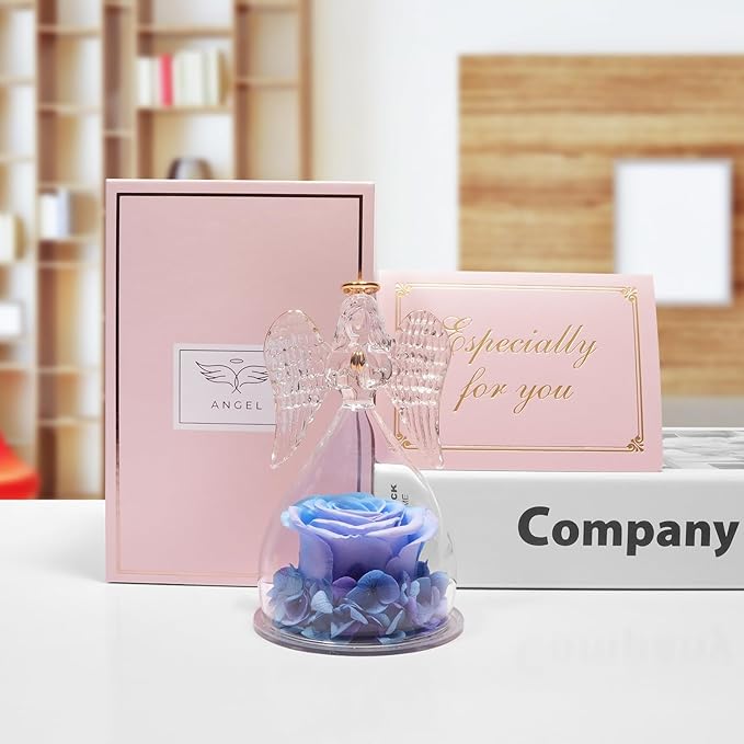Miofula Preserved Flower Rose Birthday Gifts for Mom, Glass Angels Figurines with Forever Real Rose Gifts for Women Mom Grandma, Angels Gifts for Valentines Day Christmas Anniversary