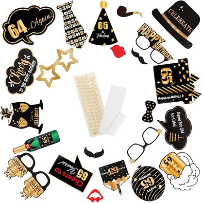 LINGTEER Happy 65th Birthday Party Photo Booth Props,Cheers to 65th Birthday 65th Years Old Bday Party Centerpieces Props Decorations Sign.