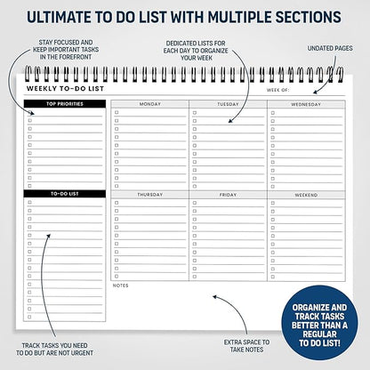 Of a Happy Kind Weekly To Do List Spiral Planner Pad - 8.5x11 52 Sheets - Desk Notepad with Multiple Sections - Undated Planning Notebook Checklist, Todo Agenda Plan