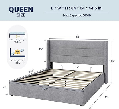 Allewie Queen Size Lift Up Storage Bed, Modern Wingback Headboard, Hydraulic Support, No Box Spring Needed, Light Grey