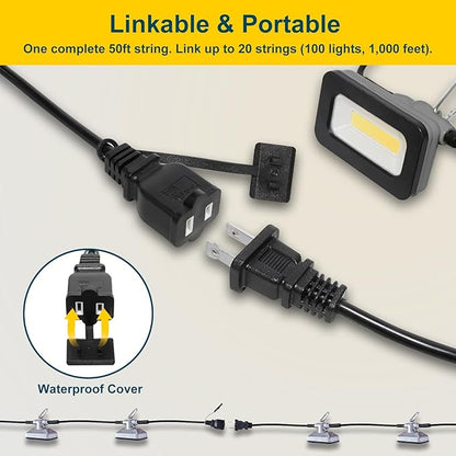 GT-Lite 50FT LED Work Light 50W 5000 Lumen Damp Rated Construction String Lights Linkable for Jobsite Lighting, 5000k Daylight White, ETL Listed (5 Light Heads)