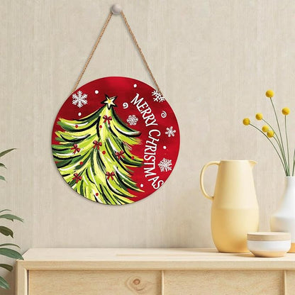 Merry Christmas Door Sign,Christmas Tree Decorations Wooden Holiday Hanging Sign for Front Door,Winter Red Christma Decorations for Home Garden Christm New Year 12"x12"