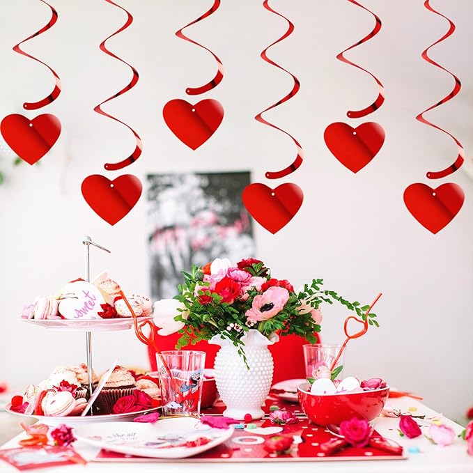 Red Heart Swirls Party-Decorations - 18Pcs Romantic Special Night Galentines Hanging Streamers Garland, Girl Wedding Anniversary Baby Bridal Shower Birthday Decor Supplies Hugtmr