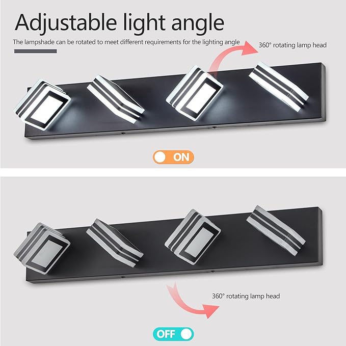 4 Light Bathroom Square Shape Vanity Light Over Mirror Modern 25.6in Led Vanity Light Fixture Lights for Bath Dimmable Matt Black