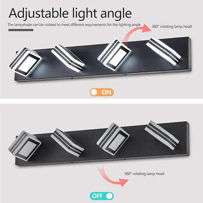 4 Light Bathroom Square Shape Vanity Light Over Mirror Modern 25.6in Led Vanity Light Fixture Lights for Bath Dimmable Matt Black