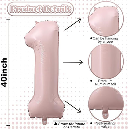 Light Pink 14th Birthday Balloon for Girls, 40'' Self Inflating Mylar Number 14 Balloons, Big Blush Pastel Pink Foil 1 & 4 Helium Balloon for Coquette 14th Birthday Party Decorations Anniversary