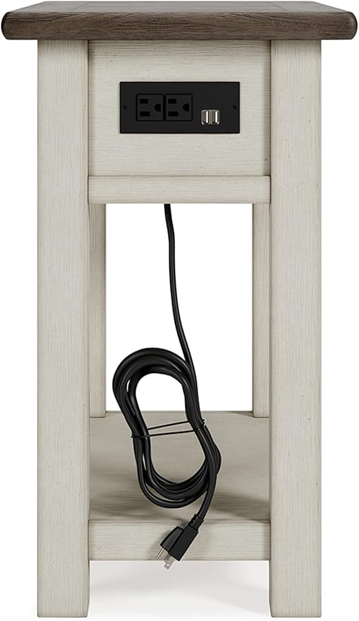 Signature Design by Ashley Bolanburg Chairside End Table With Charging Station, Two-Tone Wood Accent Table With Drawer Storage, Plank Top Design for Living Room or Bedroom, Antique White