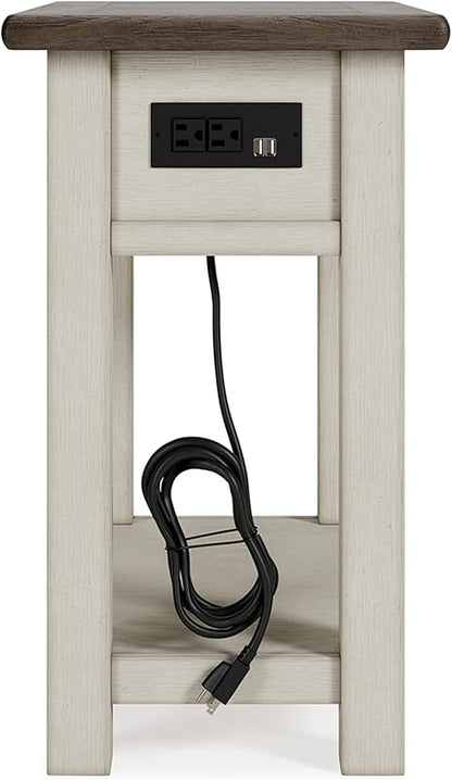 Signature Design by Ashley Bolanburg Chairside End Table With Charging Station, Two-Tone Wood Accent Table With Drawer Storage, Plank Top Design for Living Room or Bedroom, Antique White