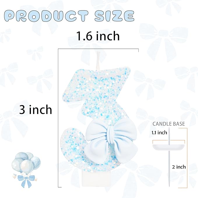 Birthday Candle for Cake, Blue Bow Number Candles, 2.76 inch Number, Cake Topper Decoration for Birthday Party (Number 3)