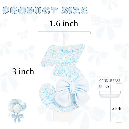 Birthday Candle for Cake, Blue Bow Number Candles, 2.76 inch Number, Cake Topper Decoration for Birthday Party (Number 3)