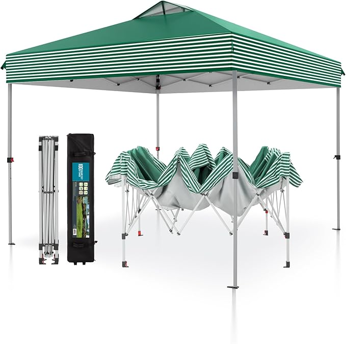 PHI VILLA Pop Up Canopy 10 10 Tents for Parties with Wheeled Bag, Portable Lightweight Folding w/Adjustable Height,Green and White Stripes，Green Stripe